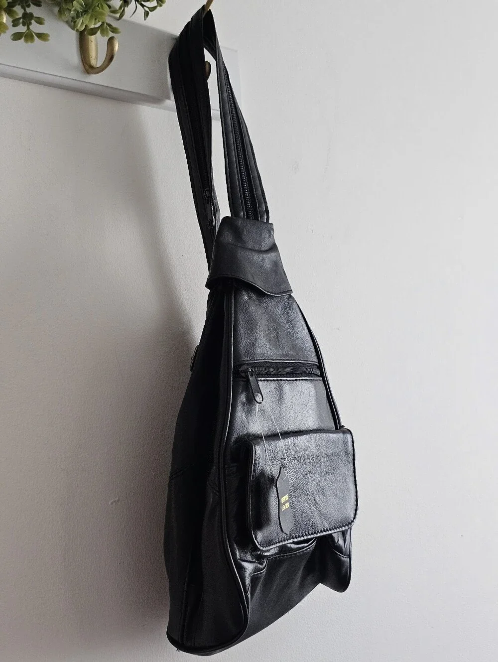 Black Genuine Lambskin Leather Sling Backpack Convertible Shoulder Bag